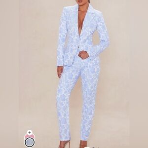 Floral Blazer & Pant Set - Light Blue